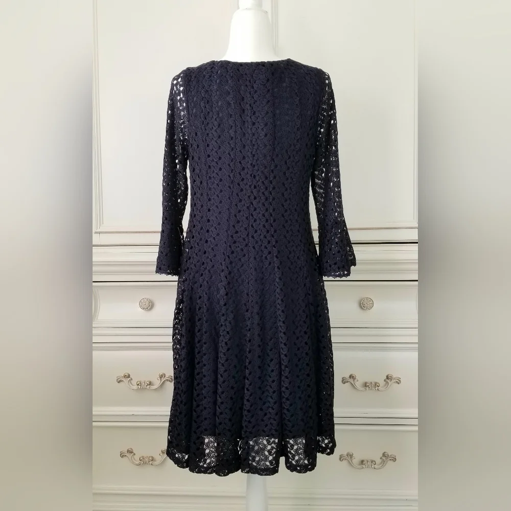 Roz And Ali Blue Crochet Lace 3/4 Bell Sleeve Knee Length Lined Dress 6 NWT